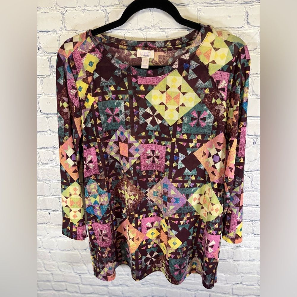LOGO Burgundy Yellow Quilt Printed 3/4 Sleeves Casual Cottagecore Mesh Top L